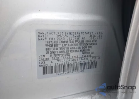 2019 Nissan Sentra Sv z USA, uszkodzony, nr VIN 3N1AB7AP2KY423001